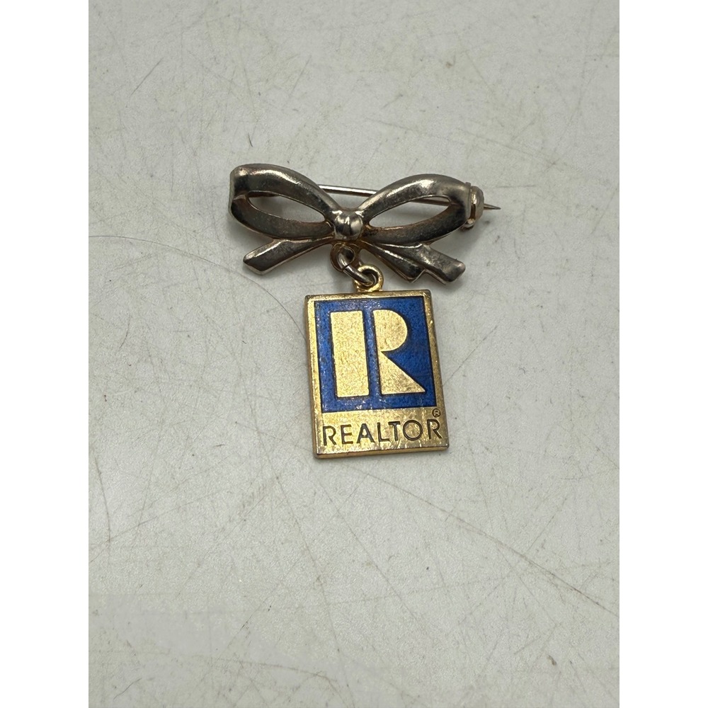 Vintage Realtor Logo Dangle Brooch Gold Tone Blue Enamel Bow Pin Professional